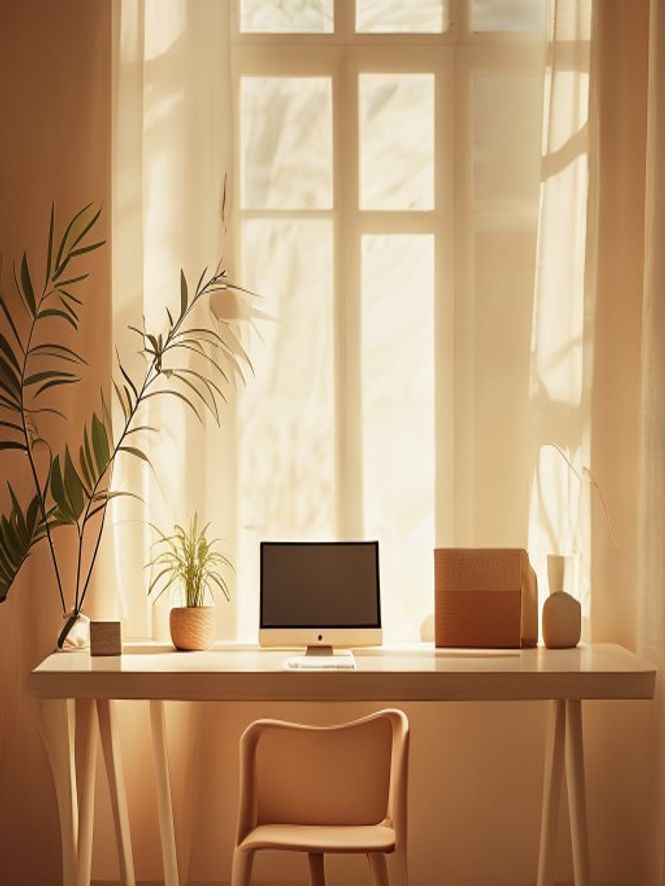 Ergonomisk arbetsplats med erekt rygg vid skrivbord nära fönster